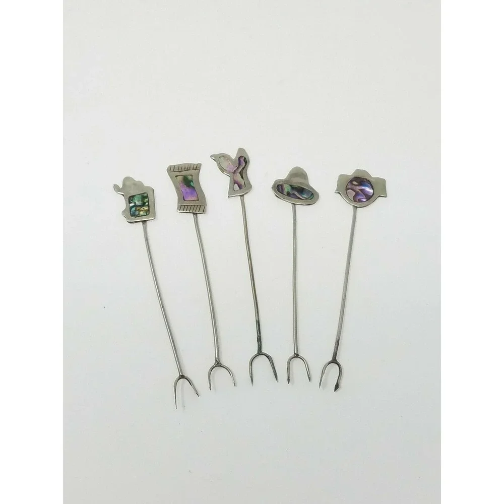 Vtg Mexican alpaca and Abalone cocktail forks picks signed set of 5 man cave